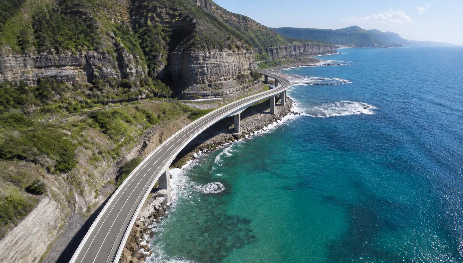 Licensed plumber and electrician servicing Coledale — the Sea Cliff Bridge curving around the sandstone cliffs between Coalcliff and Clifton, Wollongong NSW.